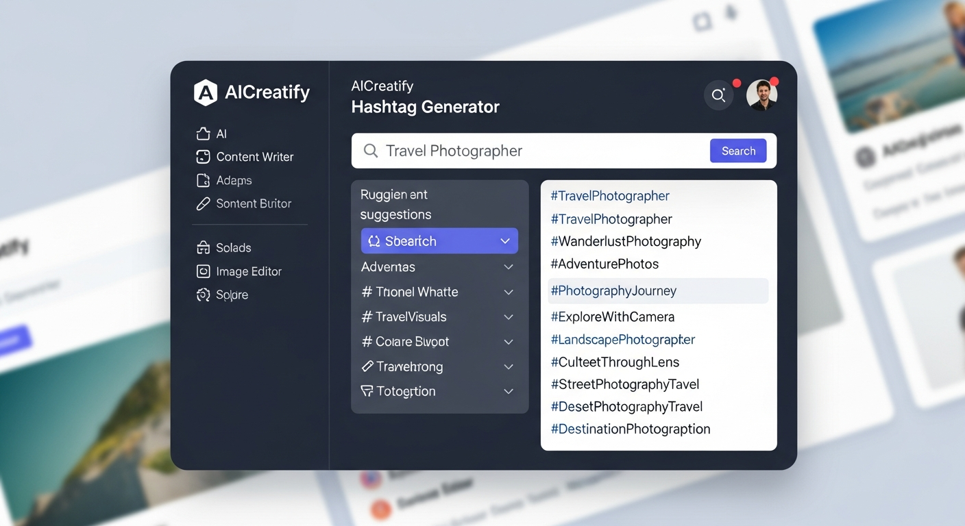 AICreatify Hashtag Generator showing relevant hashtag suggestions for 
