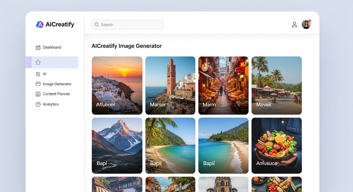 AICreatify image generator showing AI-generated images for a travel influencer