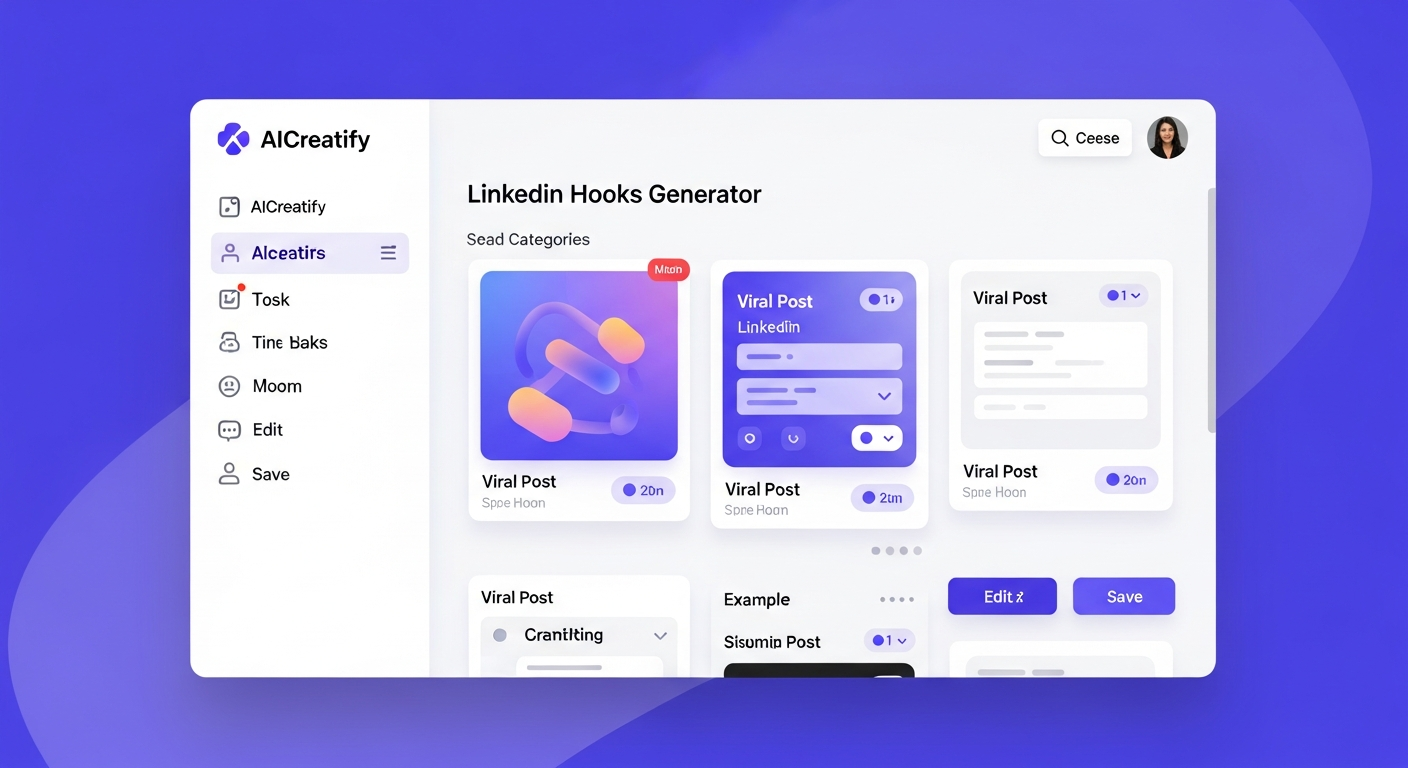 a screenshot of AICreatify's LinkedIn Hooks Generator showing viral post templates
