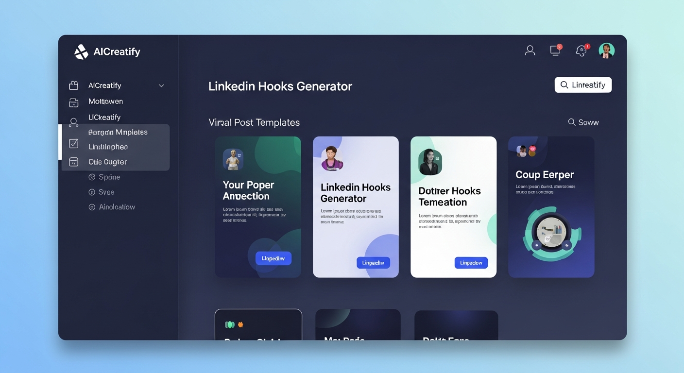 a screenshot of AICreatify's LinkedIn Hooks Generator showing viral post templates