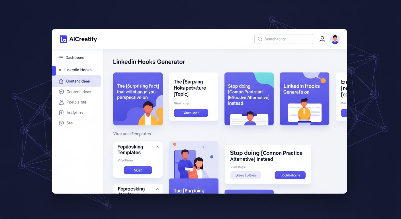 a screenshot of AICreatify's LinkedIn Hooks Generator showing viral post templates