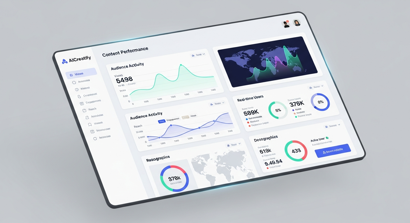 a screenshot of AICreatify's Analytics Dashboard showing content performance and audience activity