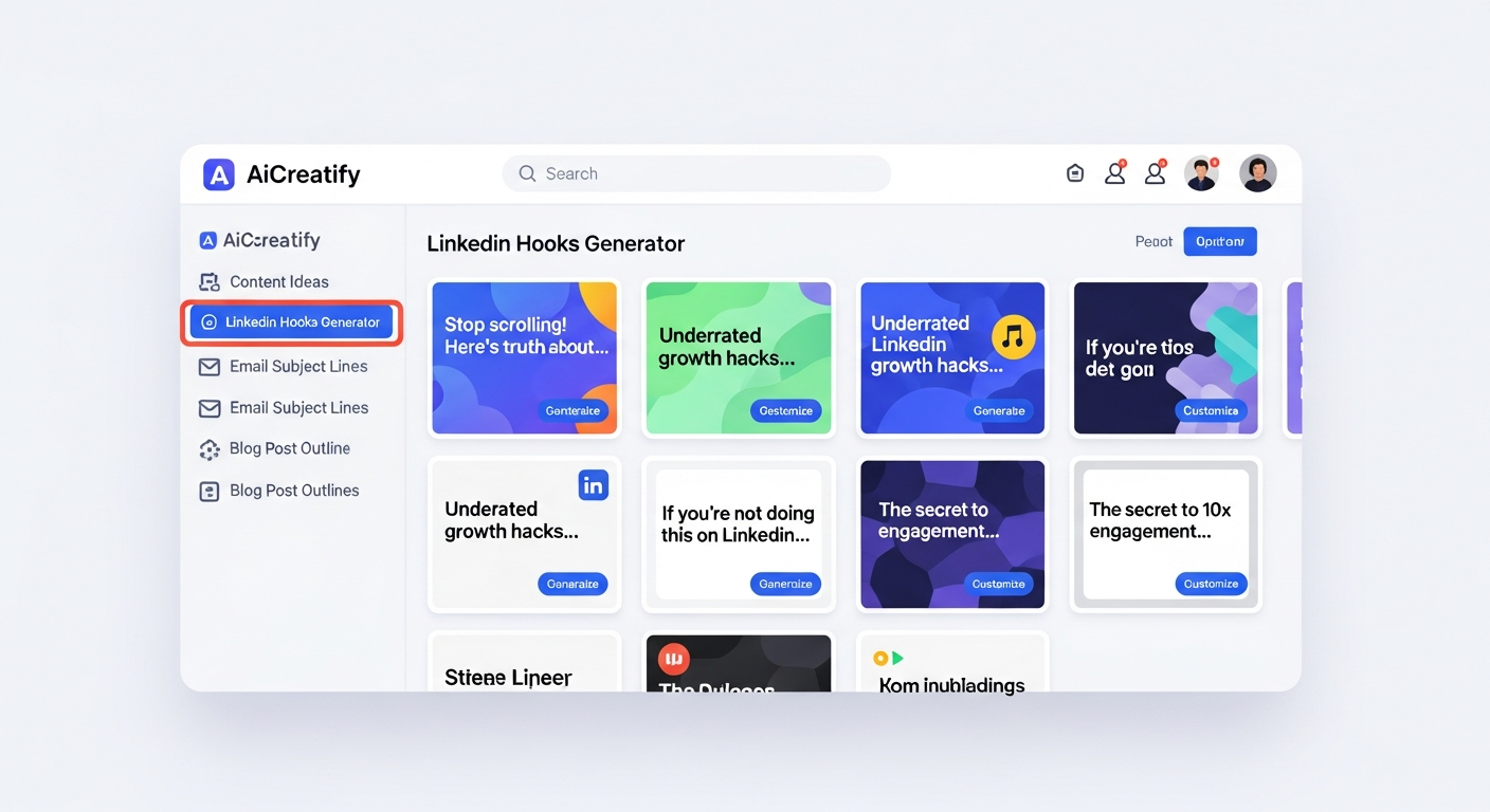 a screenshot of AICreatify's LinkedIn Hooks Generator showing viral post templates