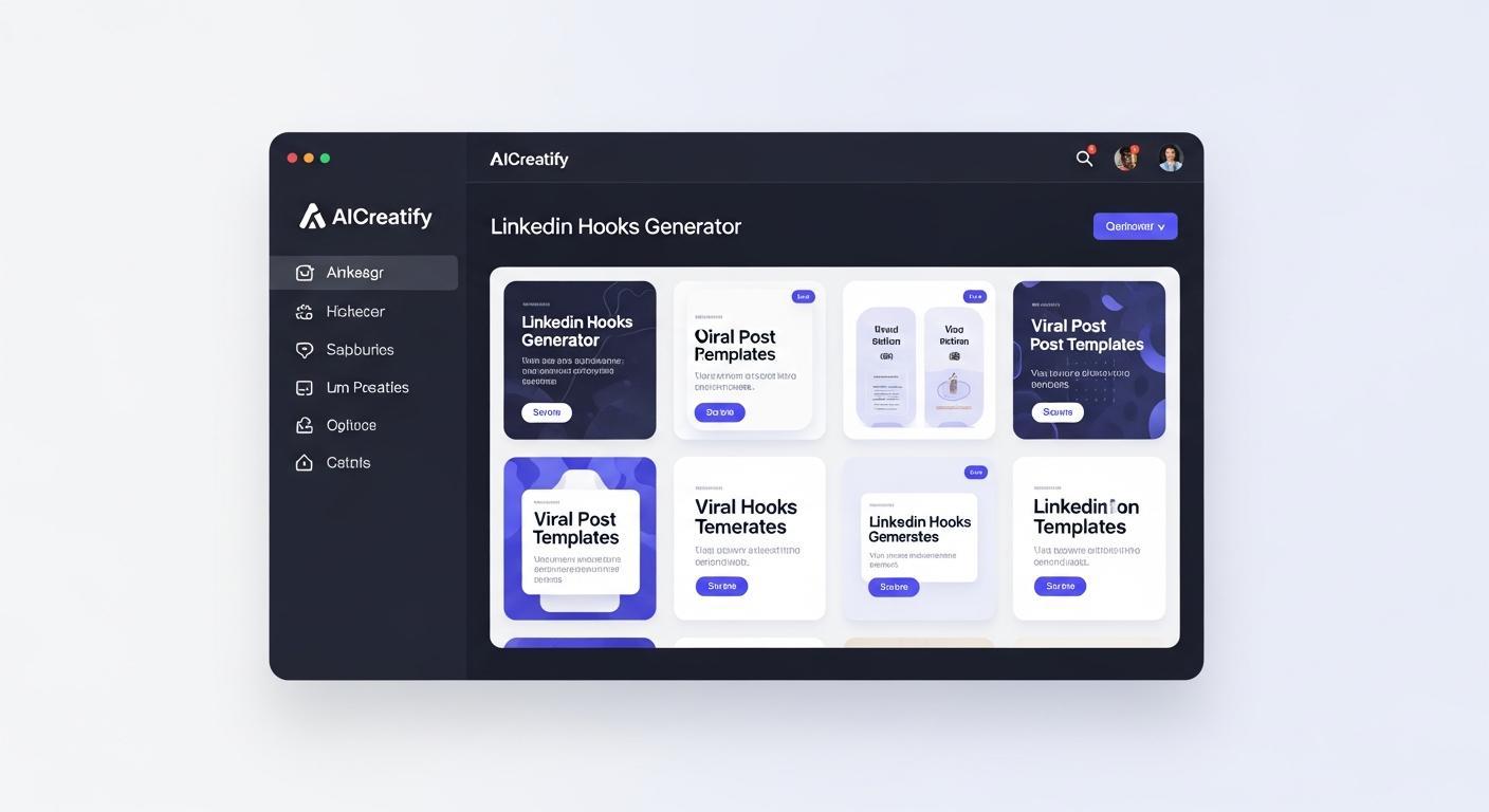 a screenshot of AICreatify's LinkedIn Hooks Generator showing viral post templates