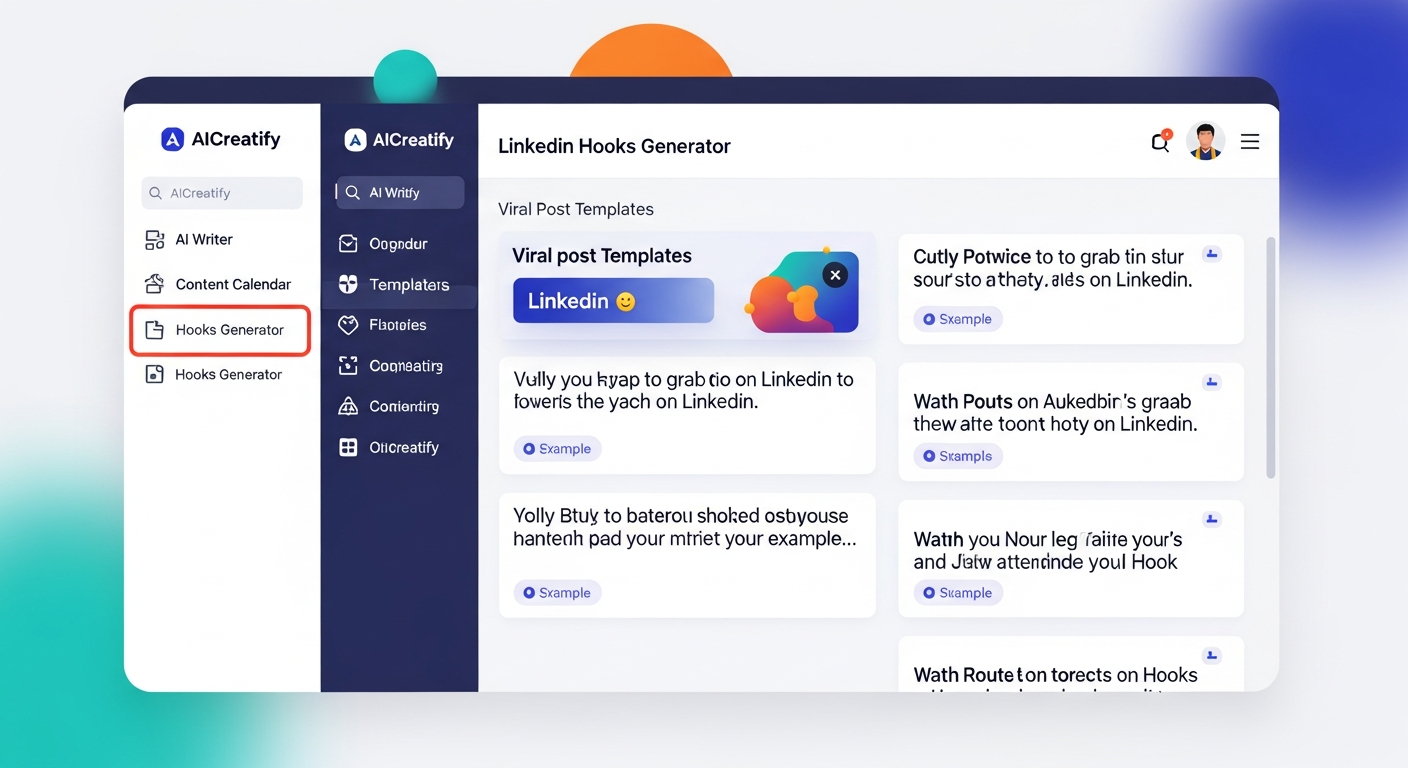 a screenshot of AICreatify's LinkedIn Hooks Generator showing viral post templates