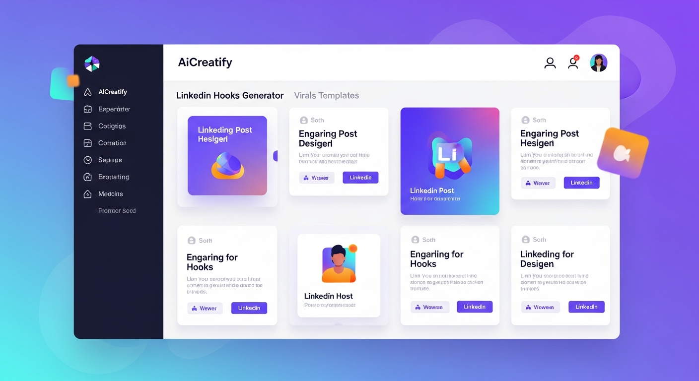 a screenshot of AICreatify's LinkedIn Hooks Generator showing viral post templates