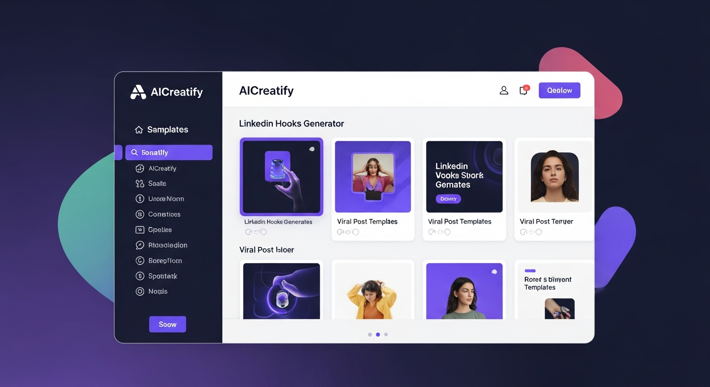 a screenshot of AICreatify's LinkedIn Hooks Generator showing viral post templates