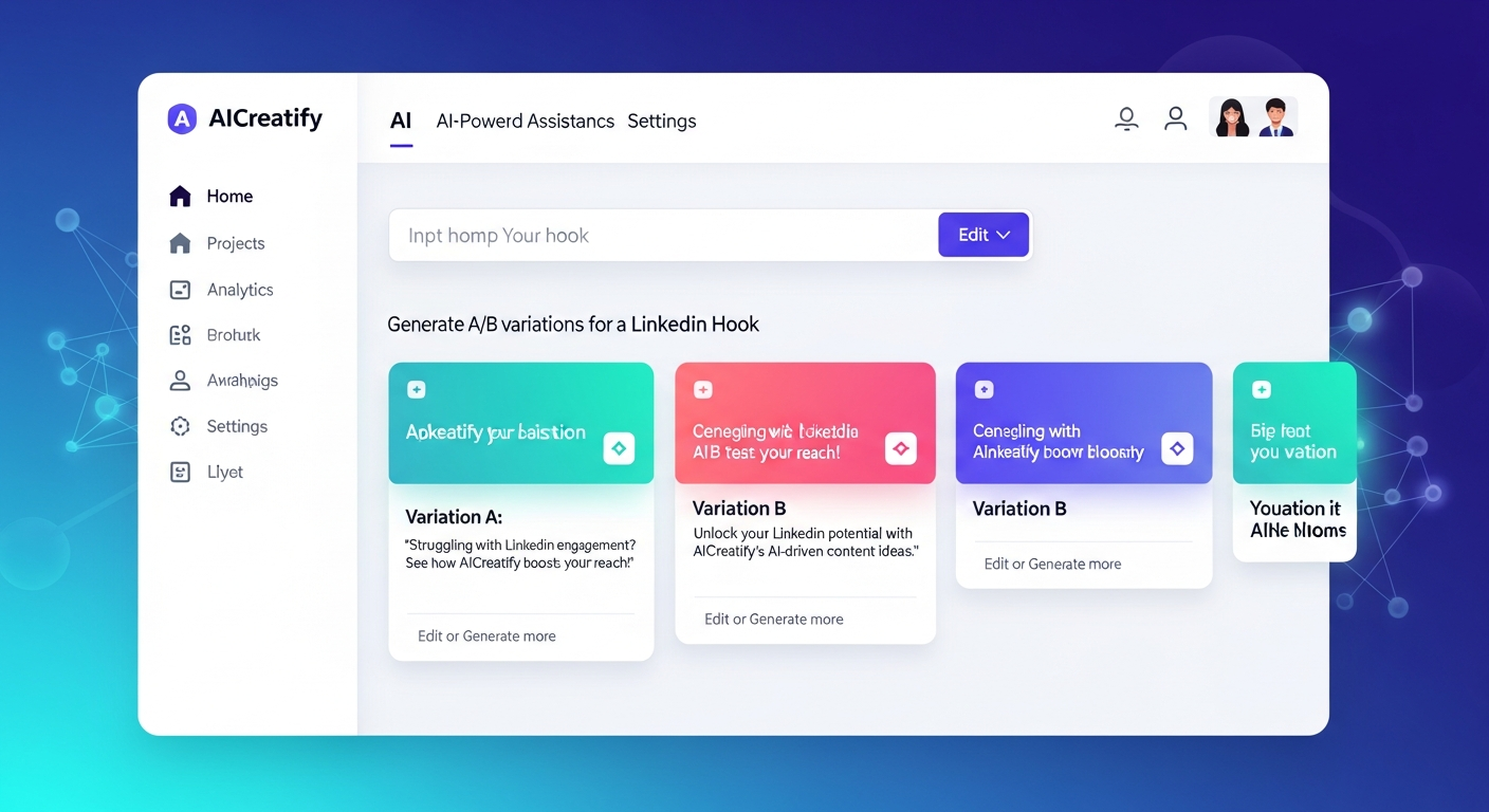 a screenshot of AICreatify assisting in generating A/B test variations for a LinkedIn hook