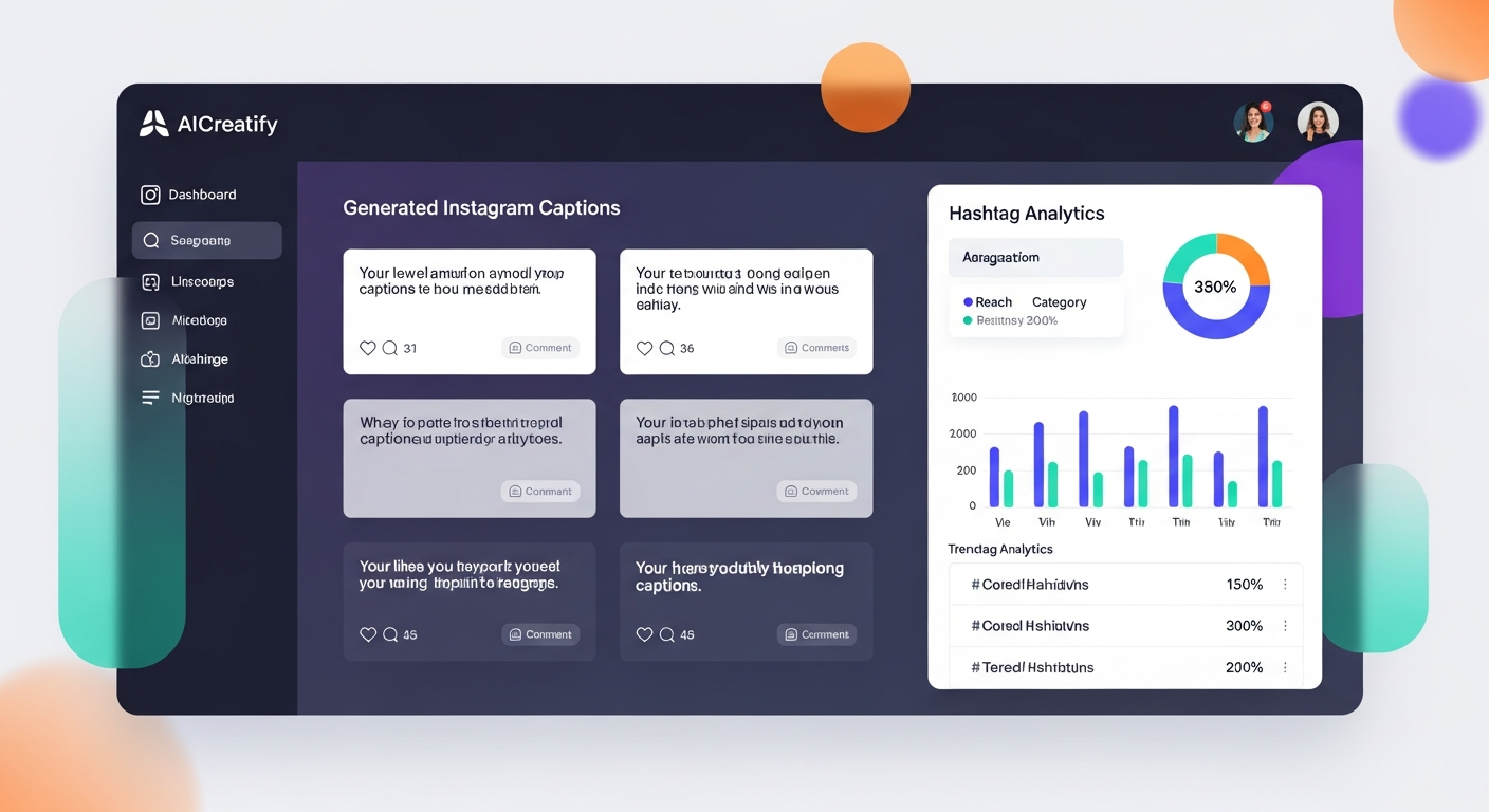 AICreatify dashboard showing generated Instagram captions and hashtag analytics