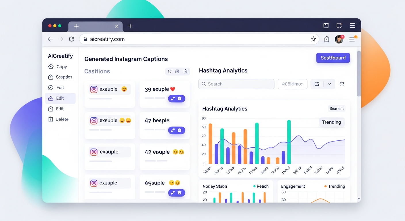 AICreatify dashboard showing generated Instagram captions and hashtag analytics