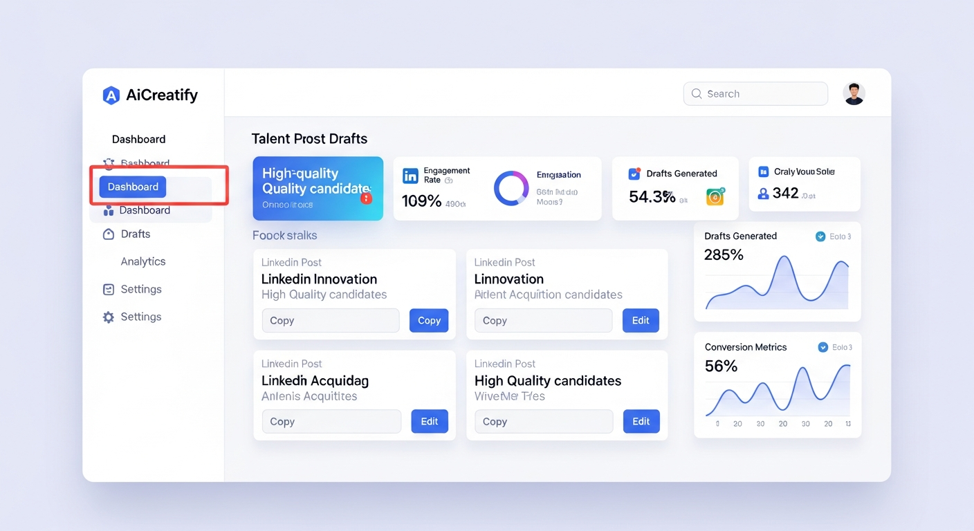 AICreatify dashboard showing generated LinkedIn post drafts for a talent acquisition role, emphasizing innovation