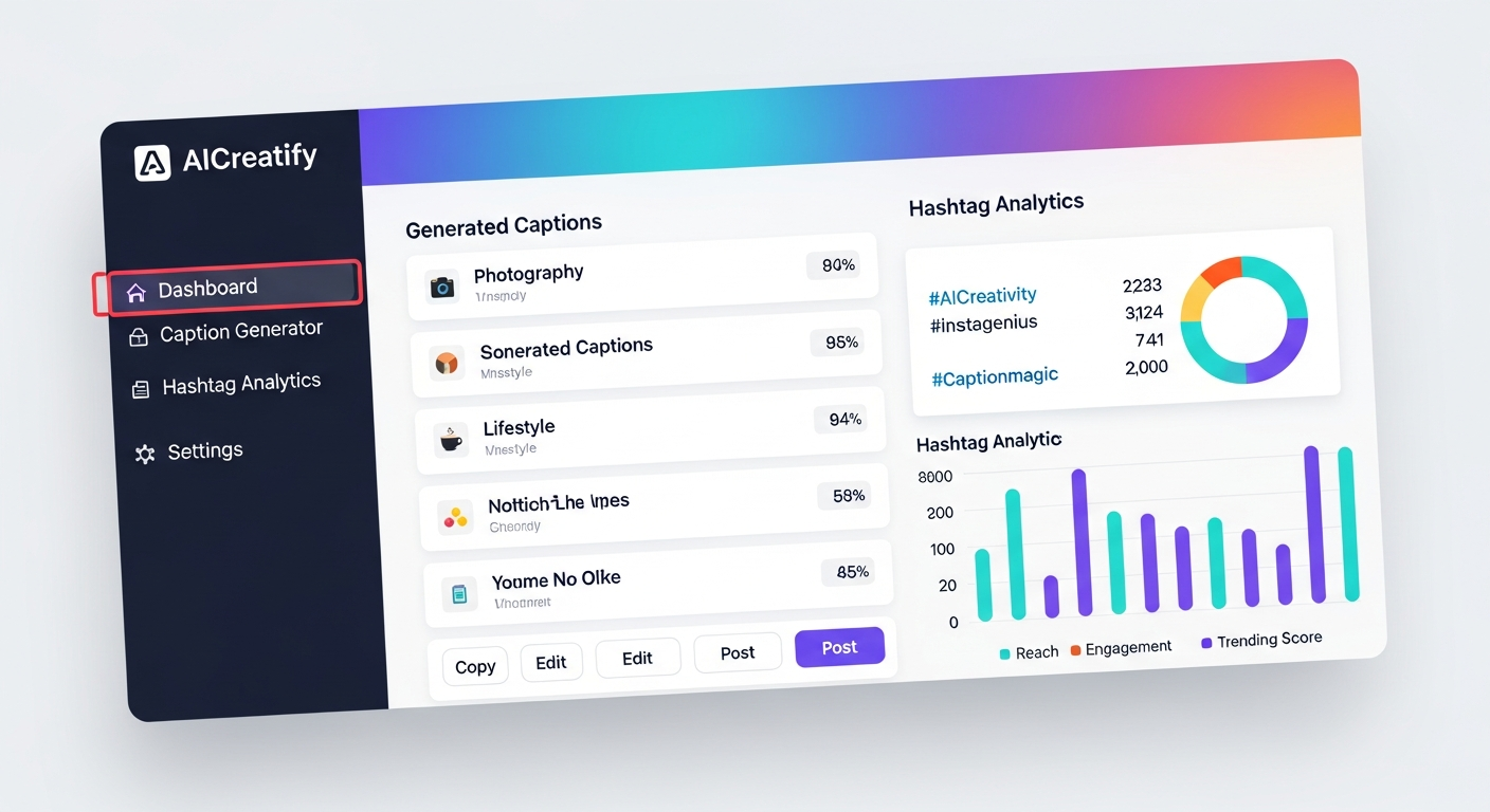AICreatify dashboard showing generated Instagram captions and hashtag analytics