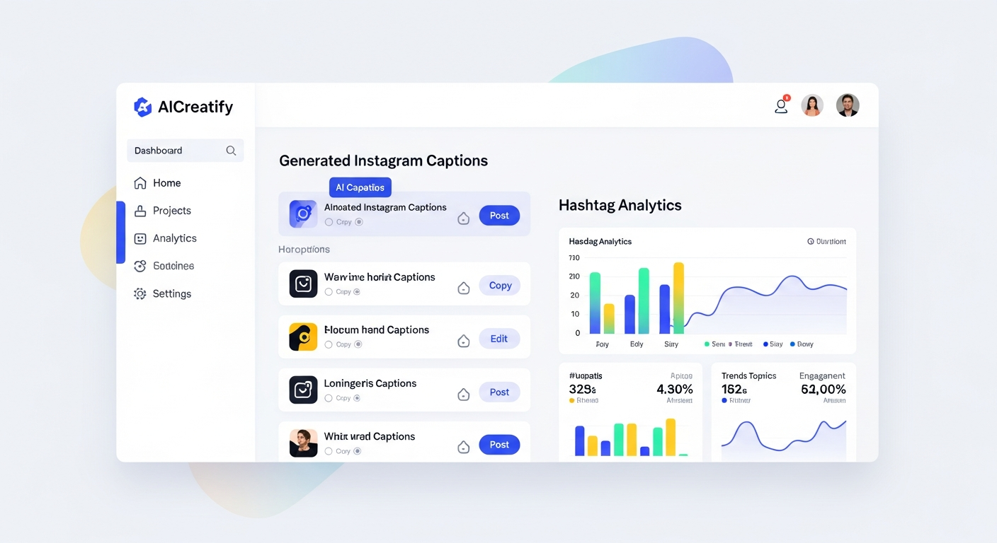 AICreatify dashboard showing generated Instagram captions and hashtag analytics