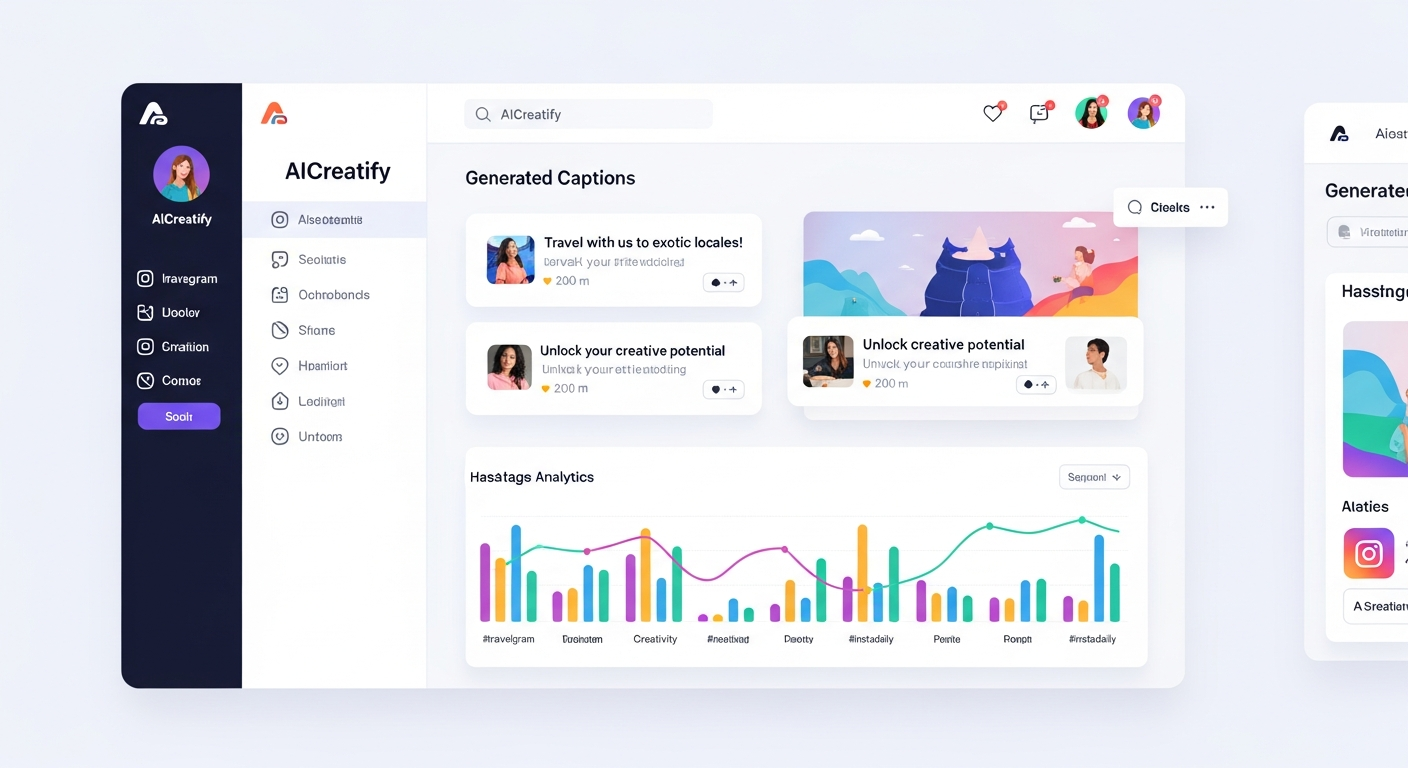 AICreatify dashboard showing generated Instagram captions and hashtag analytics