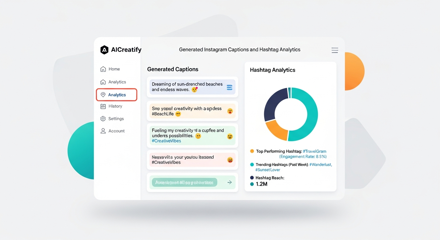 AICreatify dashboard showing generated Instagram captions and hashtag analytics