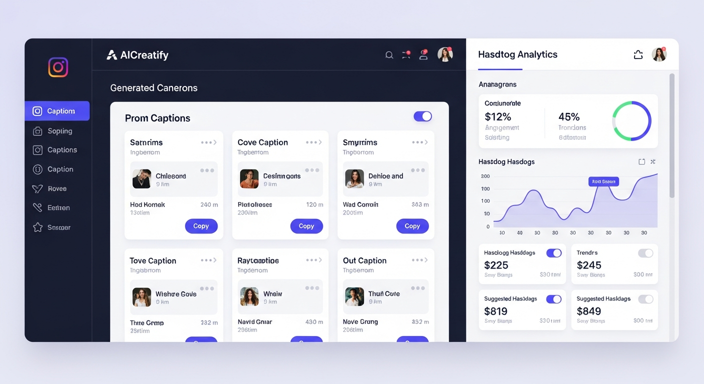 AICreatify dashboard showing generated Instagram captions and hashtag analytics