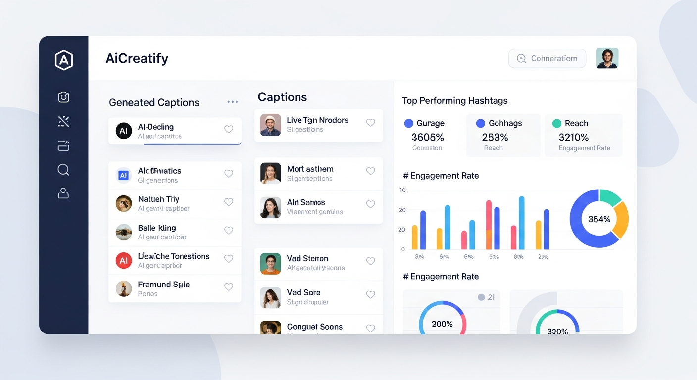AICreatify dashboard showing generated Instagram captions and hashtag analytics
