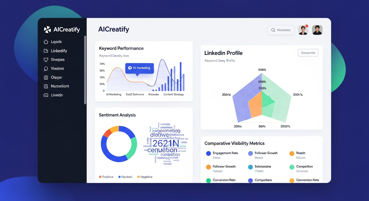AICreatify dashboard showing detailed analytics for a LinkedIn profile, including keyword performance, sentiment analysis, and comparative visibility metrics against benchmarks.