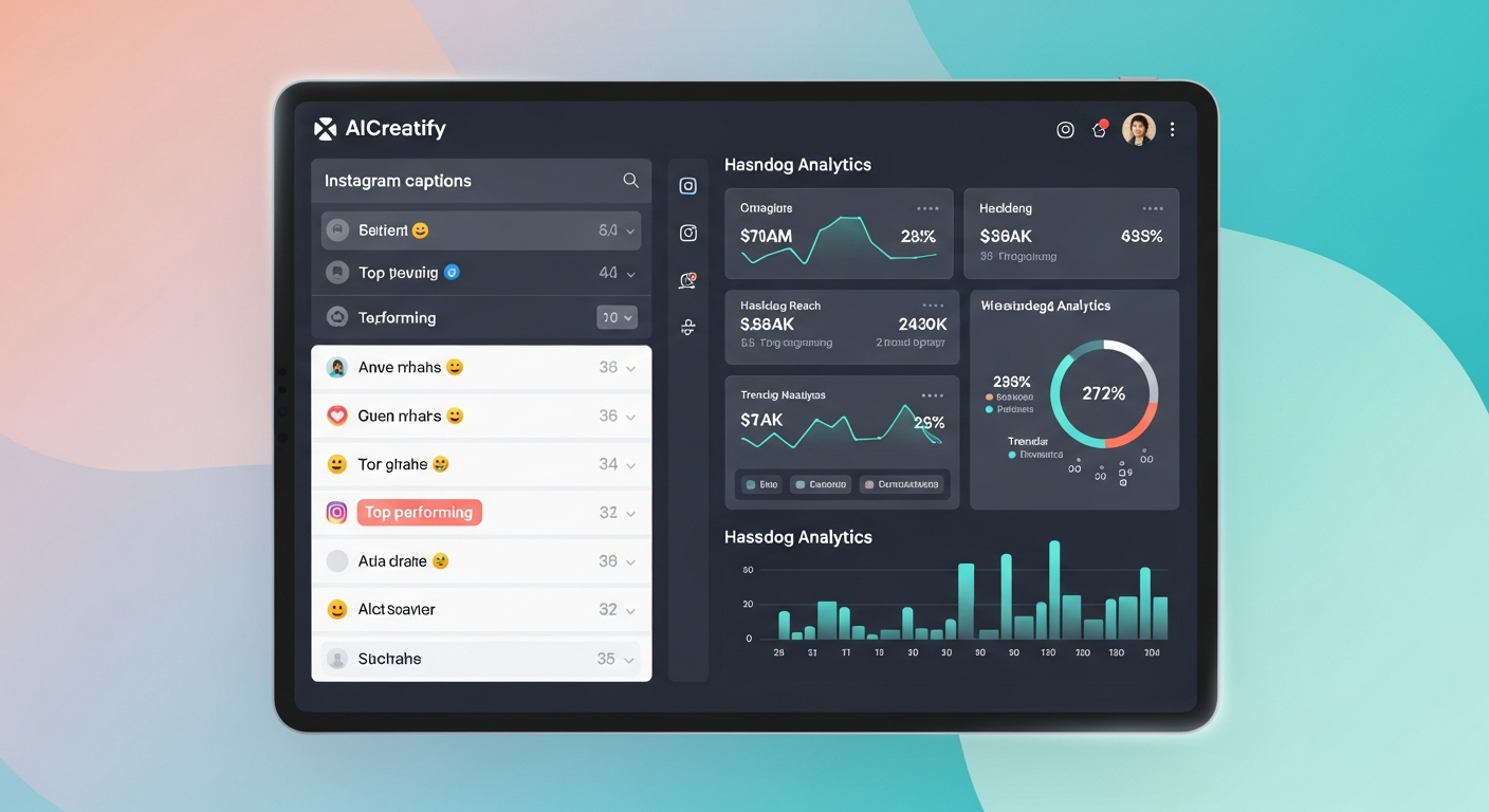 AICreatify dashboard showing generated Instagram captions and hashtag analytics