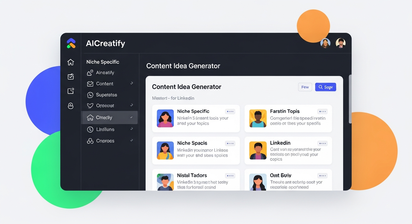 a screenshot of AICreatify's content idea generator showing niche-specific topics for LinkedIn