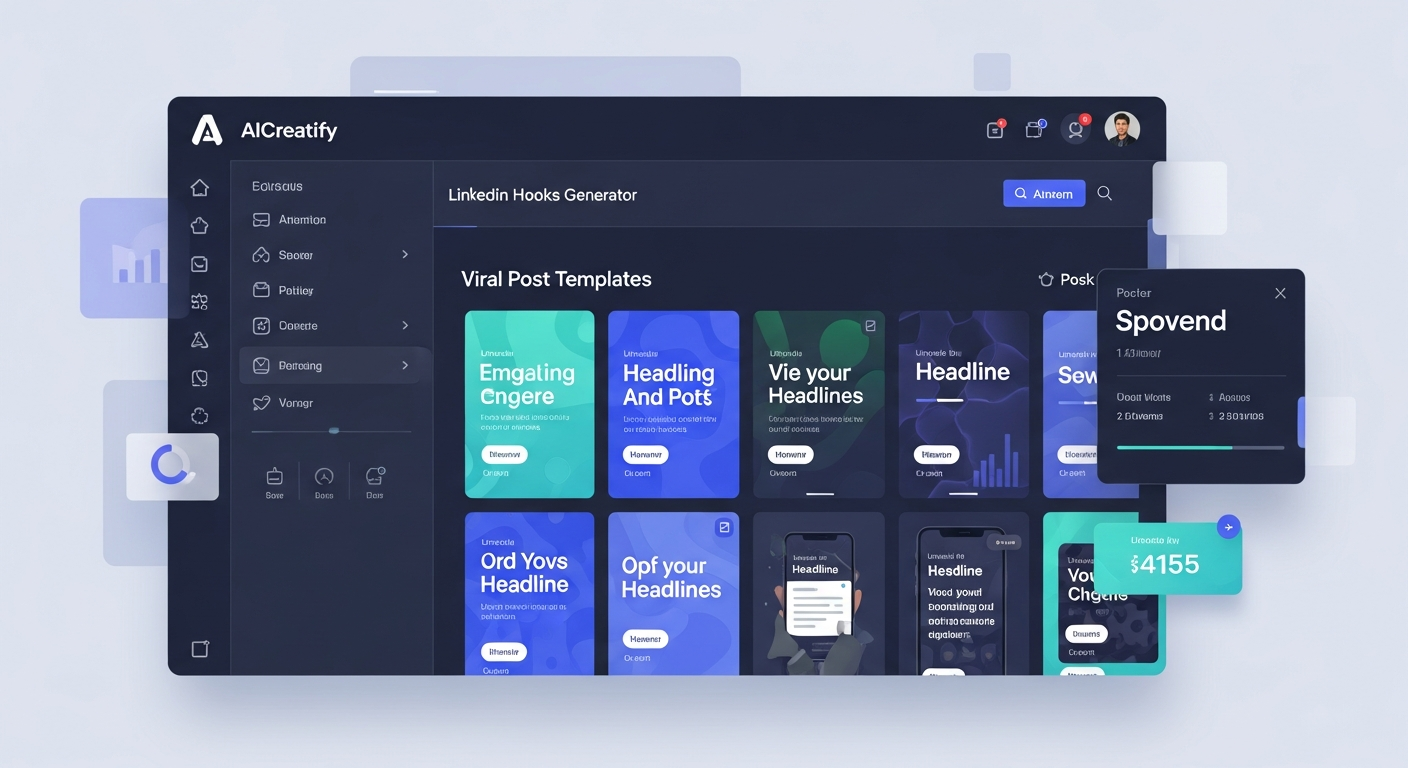 a screenshot of AICreatify's LinkedIn Hooks Generator showing viral post templates