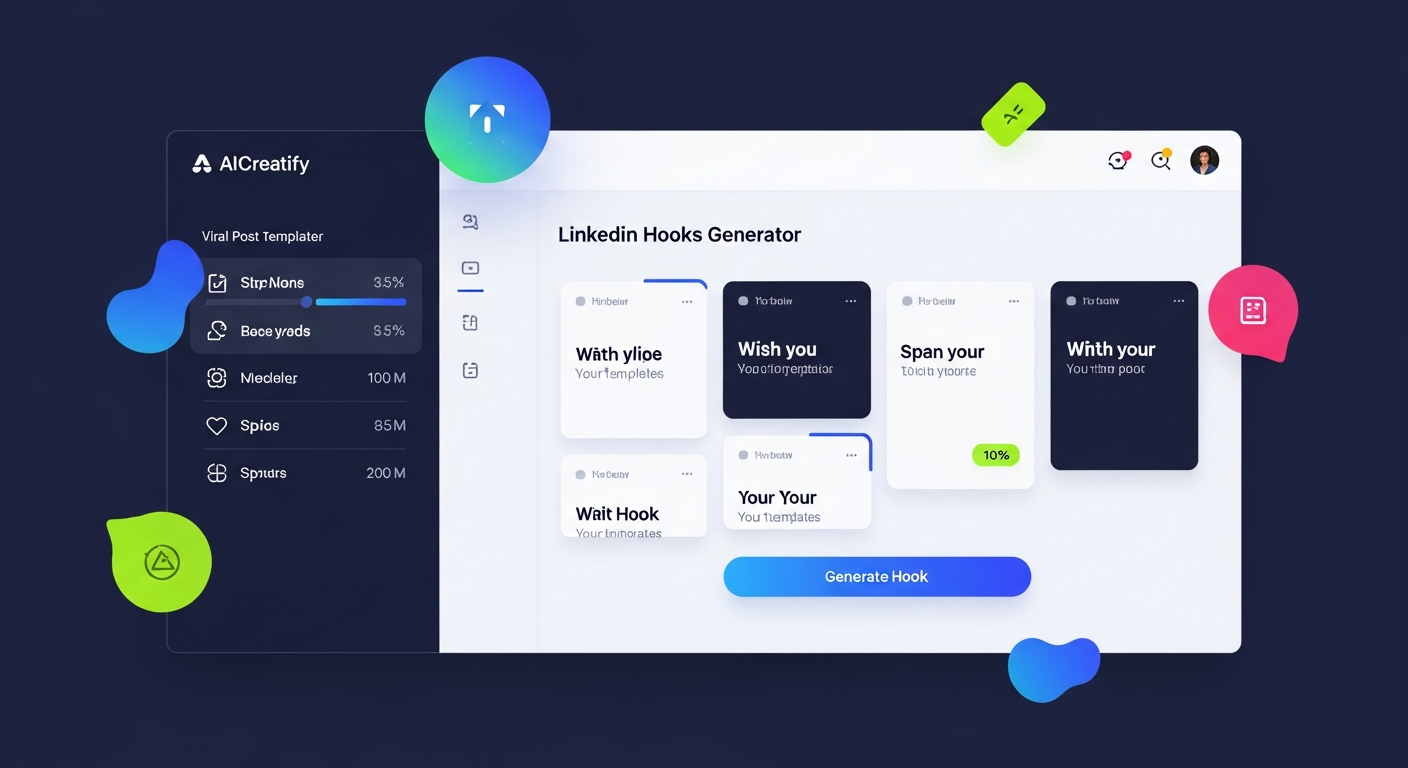 a screenshot of AICreatify's LinkedIn Hooks Generator showing viral post templates