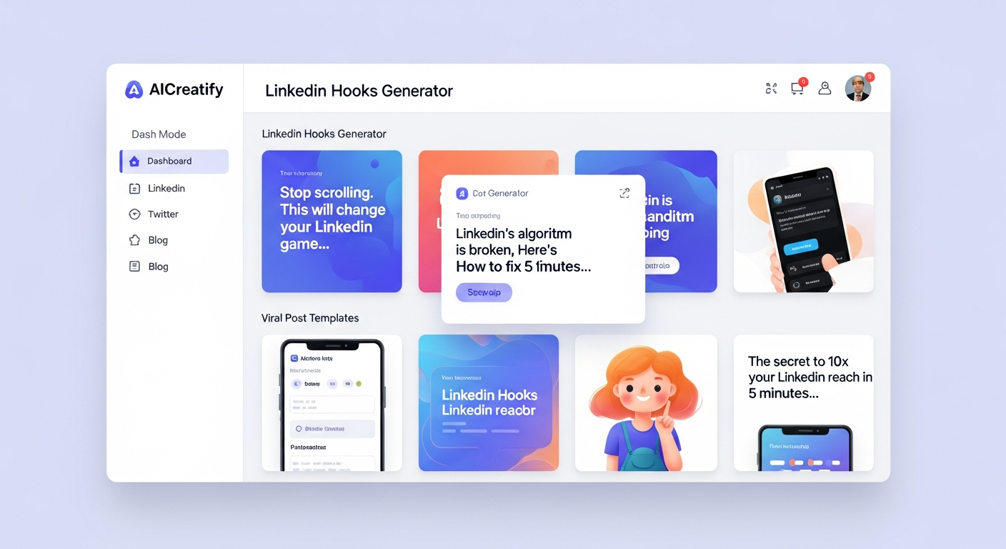 a screenshot of AICreatify's LinkedIn Hooks Generator showing viral post templates