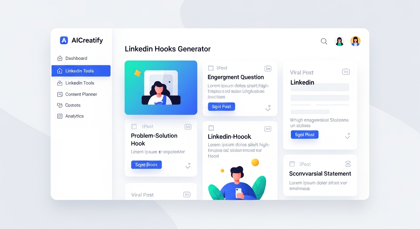 a screenshot of AICreatify's LinkedIn Hooks Generator showing viral post templates