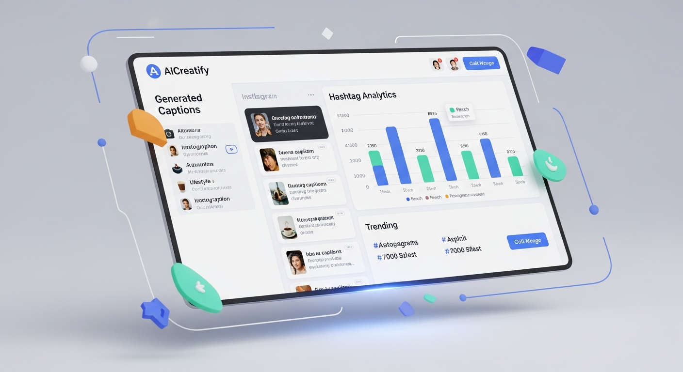 AICreatify dashboard showing generated Instagram captions and hashtag analytics