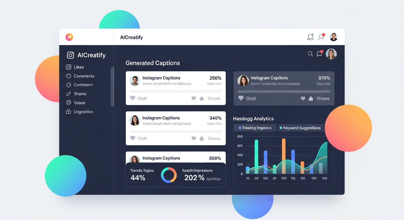 AICreatify dashboard showing generated Instagram captions and hashtag analytics
