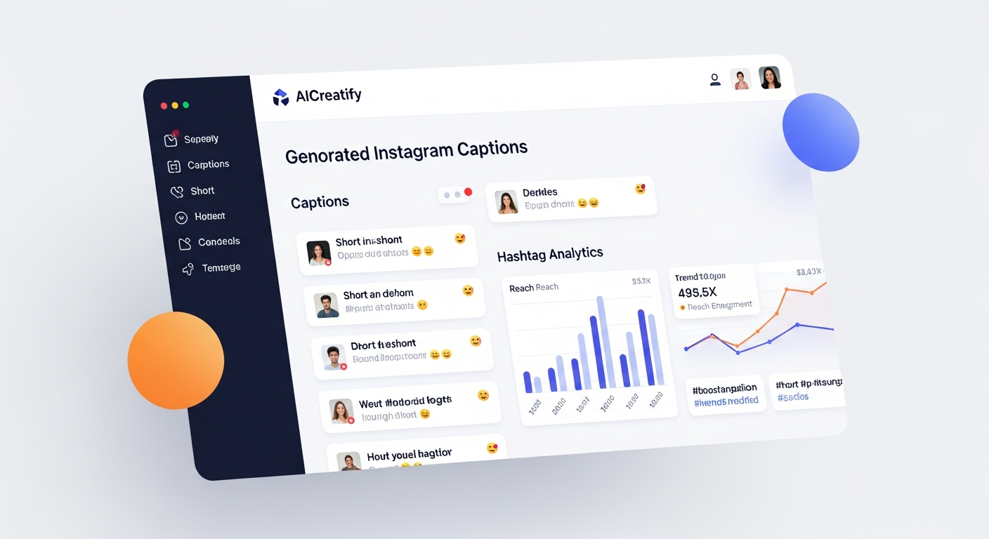 AICreatify dashboard showing generated Instagram captions and hashtag analytics