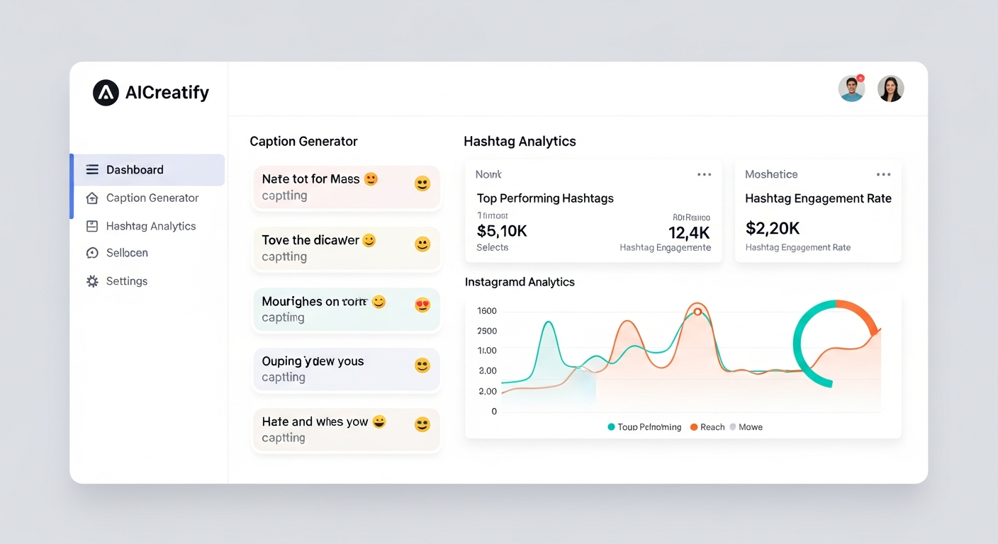 AICreatify dashboard showing generated Instagram captions and hashtag analytics